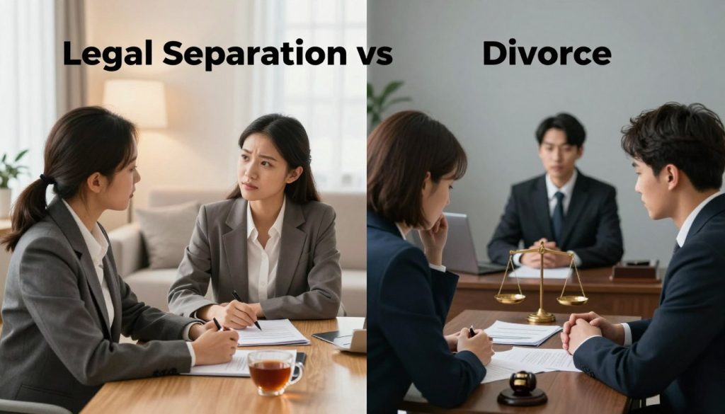 A visually engaging split-image comparison illustrating "Legal Separation vs Divorce." In the foreground, on one side, depict a calm, serene living room showcasing two individuals in professional business attire, sitting at a table discussing their legal separation amicably, with documents and a cup of tea between them. On the other side, show a contrasting scene of a tense law office meeting, where a couple is discussing divorce proceedings, with a lawyer present and papers scattered on the desk, highlighting the emotional weight of the situation. The middle layer transitions smoothly with symbolic elements like a dividing line or a scale balanced between peace and conflict. The background features soft, warm lighting on the separation side, while the divorce side has a cooler, harsher light to emphasize stress. Warm color tones evoke hope and calmness, while cooler tones illustrate tension and uncertainty.
